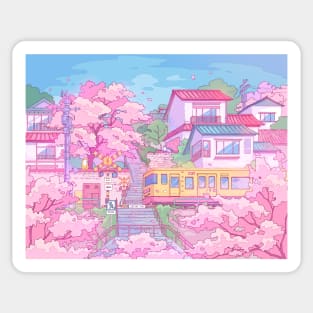 Tokyo, train, cats and pink cherry blossom Sticker